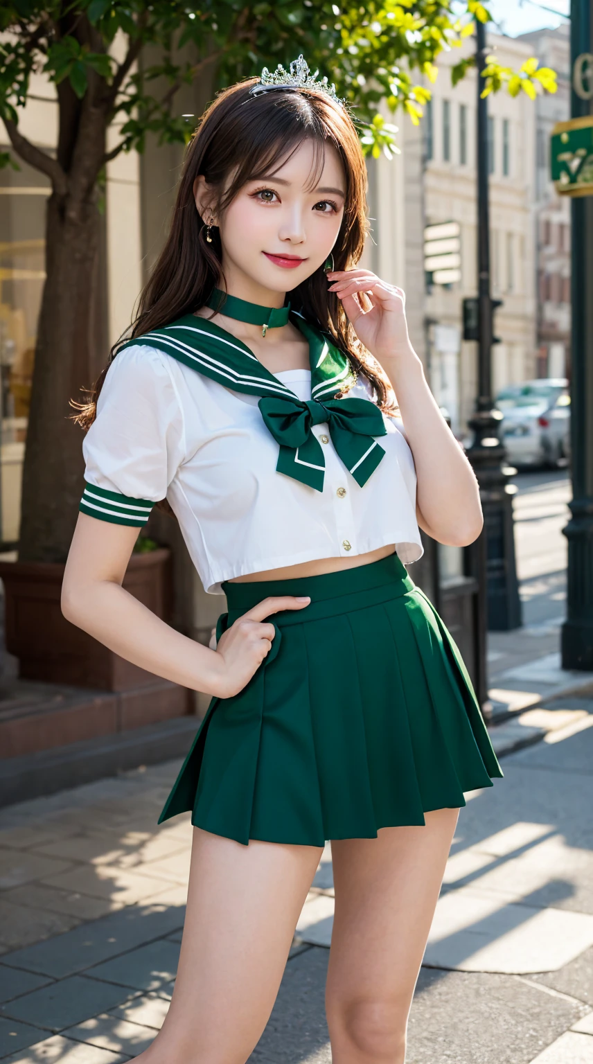 ​highest quality、table top、8k、best image quality、Award-winning work)、one beautiful woman、radiant beautiful skin , masterpiece、top-quality、The ultra -The high-definition、depth of fields、lens flare 1 girl、brown hair, watching at viewers glares, large breasts ( high heels), perfect legs, model pose, smiling , sailor senshi uniform, (green  skirt:1.4), tiara, (green sailor collar:1.4), blue bow, green choker
