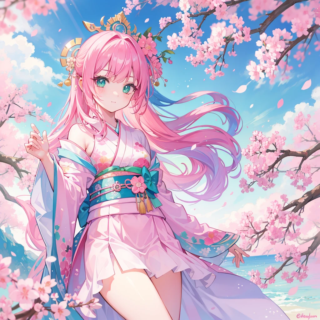 masterpiece, best quality, extremely detailed, cute girl, pink hair, sky blue inner hair, emerald green eyes, cherry blossoms, kimono,