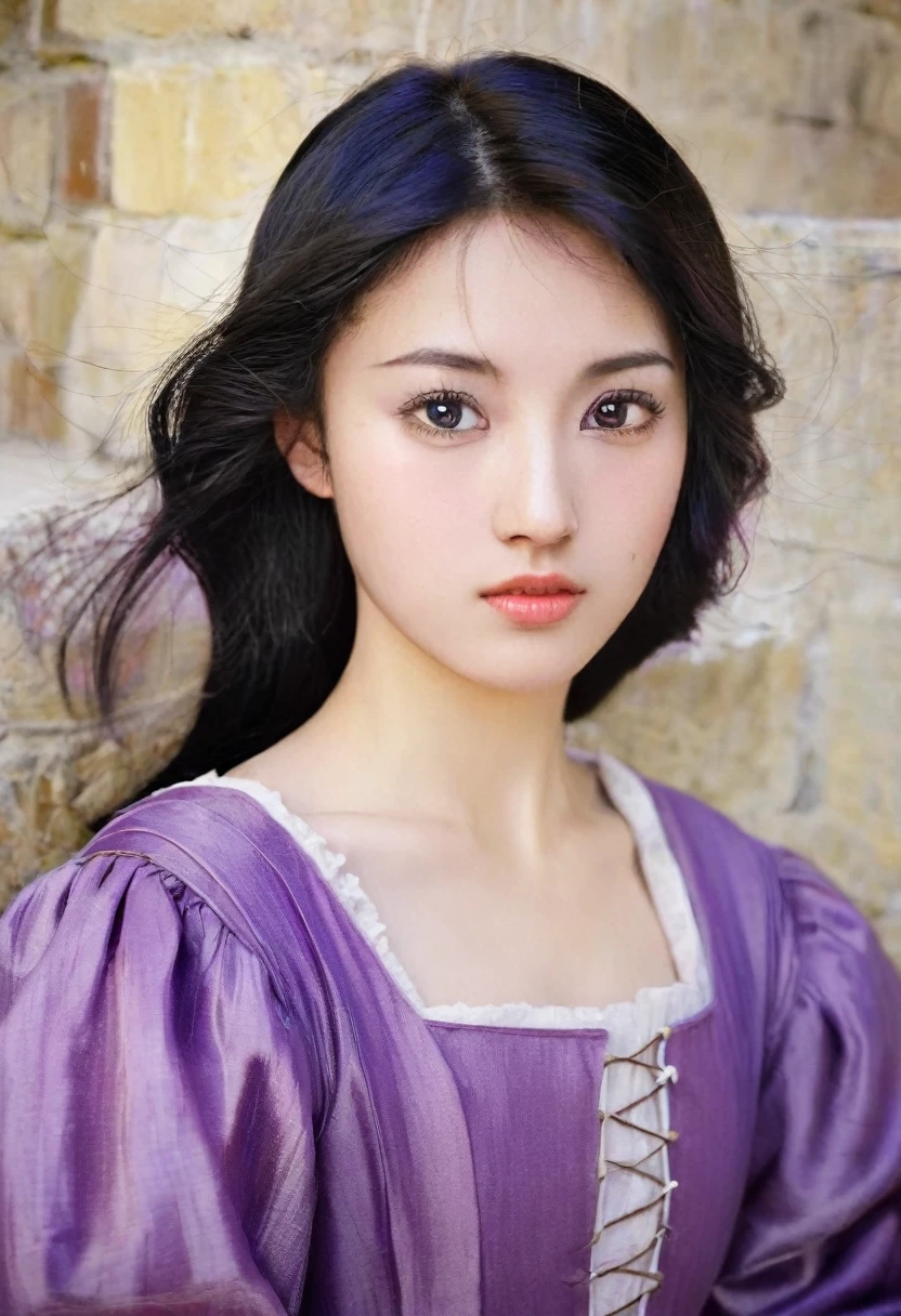 Woman with Asian features/ black hair/ notable purple eyes/ mole near your left eye/ normal medieval dress/ age 24 years.