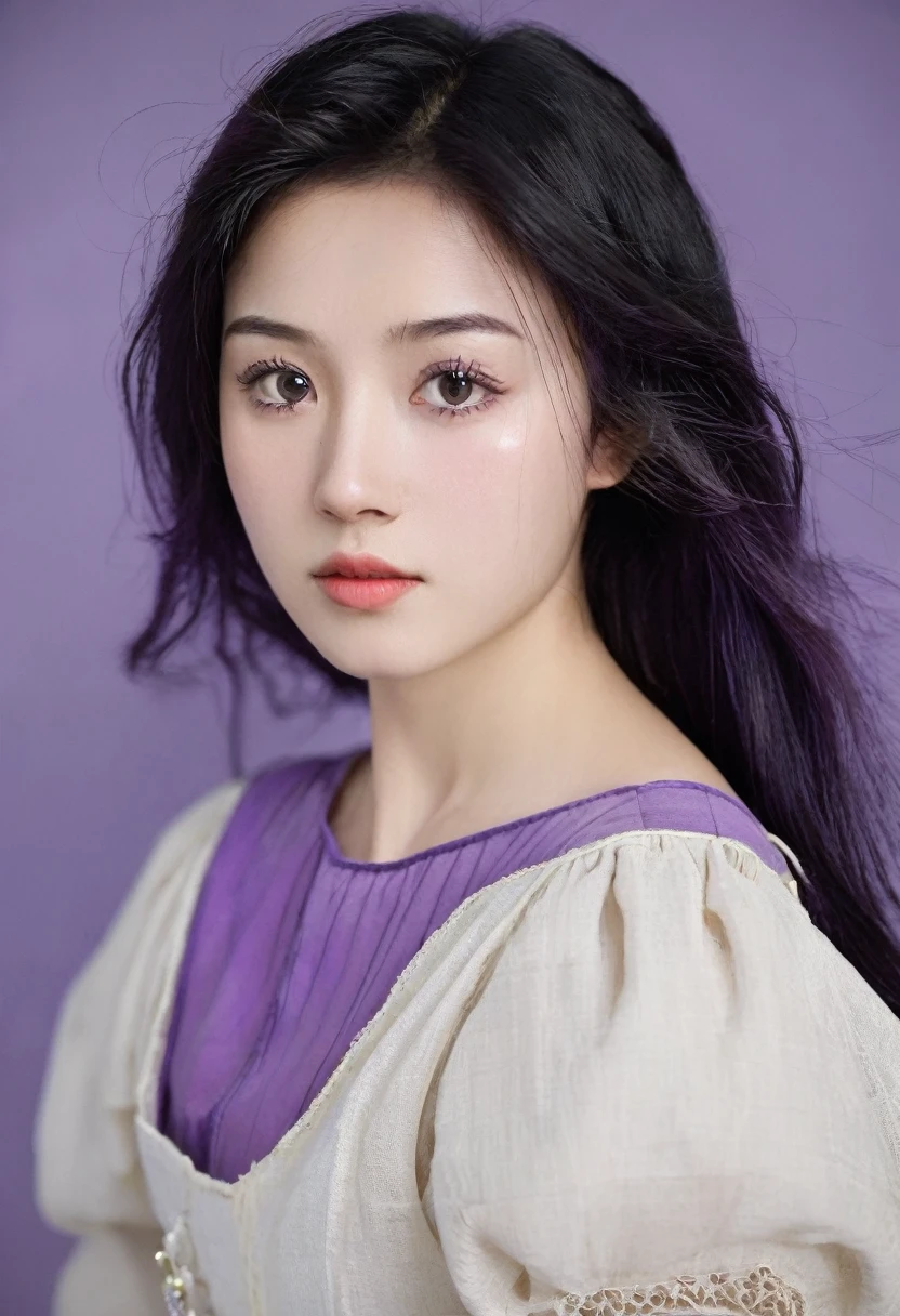Woman with Asian features/ black hair/ notable purple eyes/ mole near your left eye/ normal medieval dress/ age 24 years.