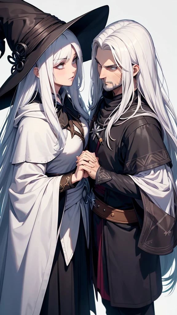 Create a couple of wizards in game anime style. The warlock must be tall, white skin color, Youngh, bonitas, muscular and with white hair and white beard( similar to Geralt of Rivia). The witch must have medium brown skin color and must have long, black hair.. The two must be looking at each other passionately, holding hands and holding a magic ribbon