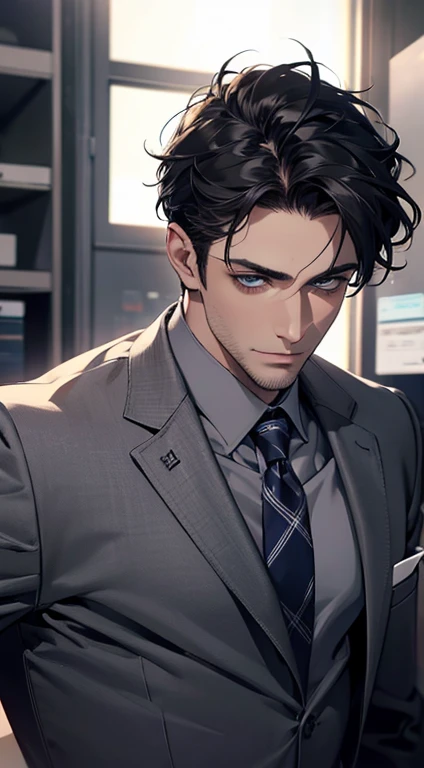 (best quality,4k,8k,highres,masterpiece:1.2),ultra-detailed,(realistic,photorealistic,photo-realistic:1.37),1 man,31 years old,mature man,very handsome,without expression,smile,short grey black hair,blue eyes,penetrating gaze,perfect face without errors,imposing posture,businessman,office background,cinematic lighting,hdr image