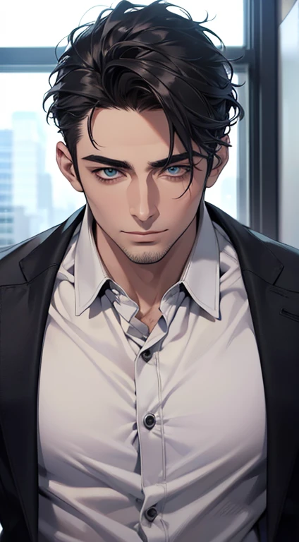 (best quality,4k,8k,highres,masterpiece:1.2),ultra-detailed,(realistic,photorealistic,photo-realistic:1.37),1 man,31 years old,mature man,very handsome,without expression,smile,short grey black hair,blue eyes,penetrating gaze,perfect face without errors,imposing posture,businessman,office background,cinematic lighting,hdr image