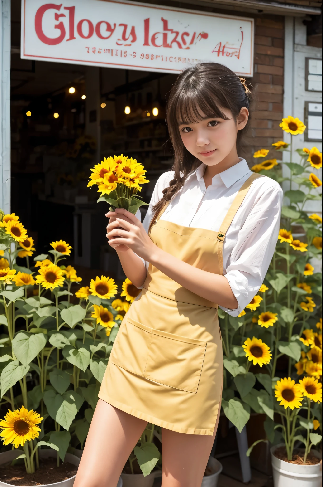 A 20-year-old girl working at a flower shop(Wearing a miniskirt and apron)have a sunflower