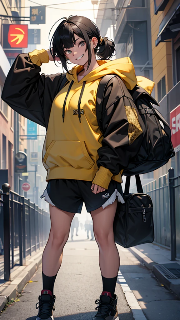 Layered Cut、Piercing in the right ear４t、Oversized hoodie、Shorts、girl、One person、Short ponyte、Black hair gold mesh、Ruck sack, grin, 8k, best quality, highres, UHD