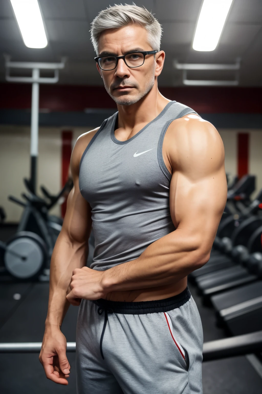 man, very light complexion, short graying hair, athletic physique not too muscular, wearing glasses, in a gym, looking at the camera, serious look, confident,