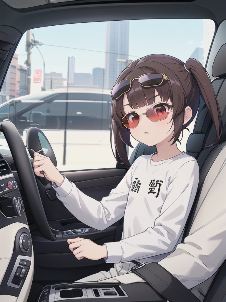 In the car,Convertible,Sitting,((Behind the wheel of a car)),Looking Ahead,driving,1 Girl, 独奏, Red eyes,((sunglasses)),, Twin tails, brown hair,crawling,((顔 focus)),upper body,White long sleeve shirt,Grey slacks, bangs, eyebrows visible through hair, Flat Chest, 