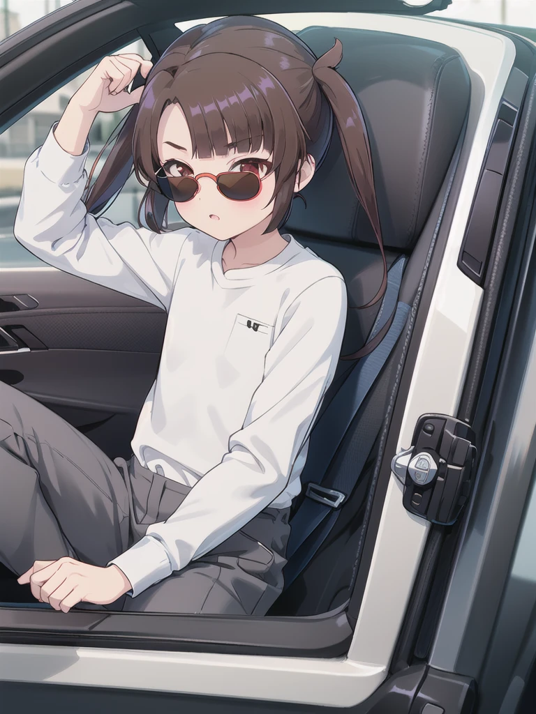 In the car,Convertible,Sitting,((Behind the wheel of a car)),Looking Ahead,driving,1 Girl, 独奏, Red eyes,((sunglasses)),, Twin tails, brown hair,crawling,((顔 focus)),upper body,White long sleeve shirt,Grey slacks, bangs, eyebrows visible through hair, Flat Chest,