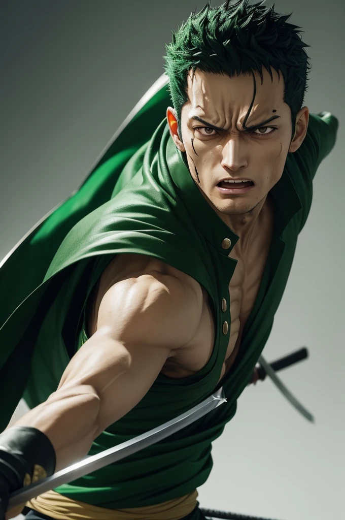 "Generate images of the character Roronoa Zoro from the anime One Piece with various different expressions (happy, serious, angry, focused) in a cinematic style. The images should prominently feature the character, showcasing details such as his swords and iconic outfit. Each image should capture a distinct emotion, with dramatic lighting and detailed backgrounds that complement each expression."