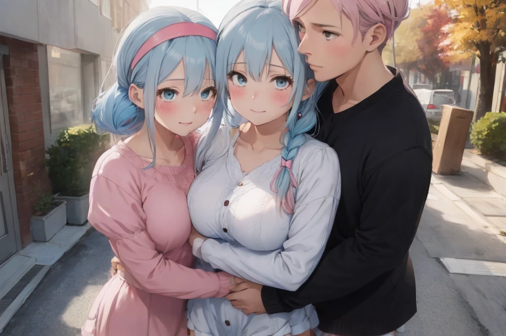Modern city,Fluffy hair,Light blue hair,Blonde,Light pink hair,Headband,Braid,Autumn outfit,Short clothing that shows the buttocks,The sleeves of the dress are a little long,I can see a little cleavage,Moe sleeves,Date,Several people hugging each other,Embrace,watching each others eyes,Facing each other,blush with embarrassment,Happy expression,Hand in hand,Arms crossed,Flirting with a close-knit body