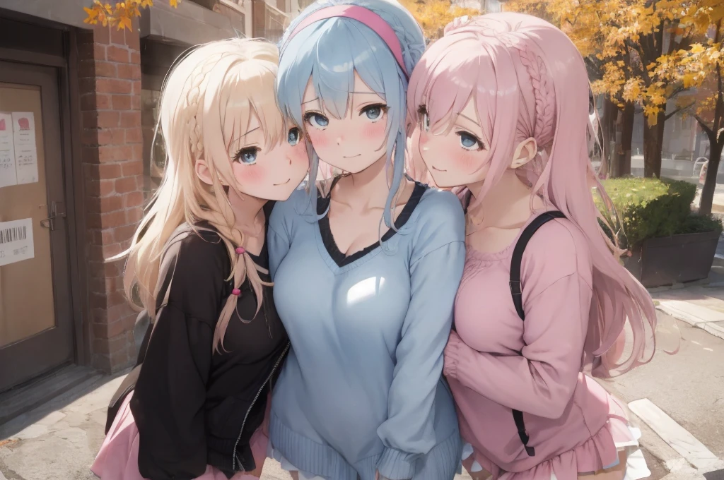 Modern city,Fluffy hair,Light blue hair,Blonde,Light pink hair,Headband,Braid,Autumn outfit,Short clothing that shows the buttocks,The sleeves of the dress are a little long,I can see a little cleavage,Moe sleeves,Date,Several people hugging each other,Embrace,watching each others eyes,Facing each other,blush with embarrassment,Happy expression,Hand in hand,Arms crossed,Flirting with a close-knit body