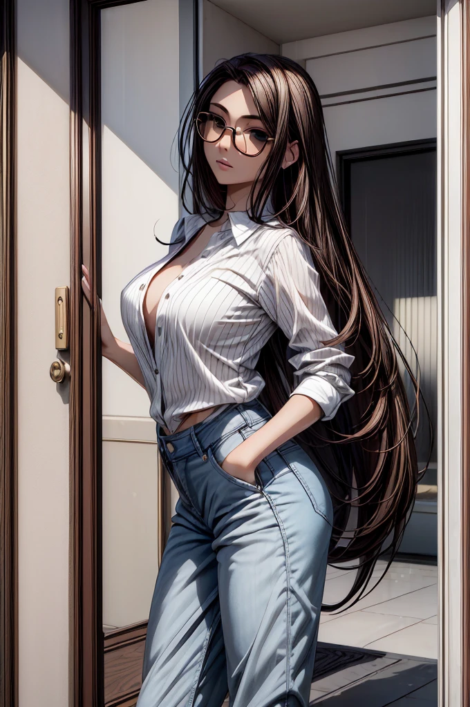 (masterpiece, best quality:1.2), detailed face, detailed eyes, elegant woman, long hair, high heeled,shiny skin,welcomes you at the door, Shirt, pants,random colar, ponitail hair,cool attitude,cool glasses,exciting,cool, perfect hand:1