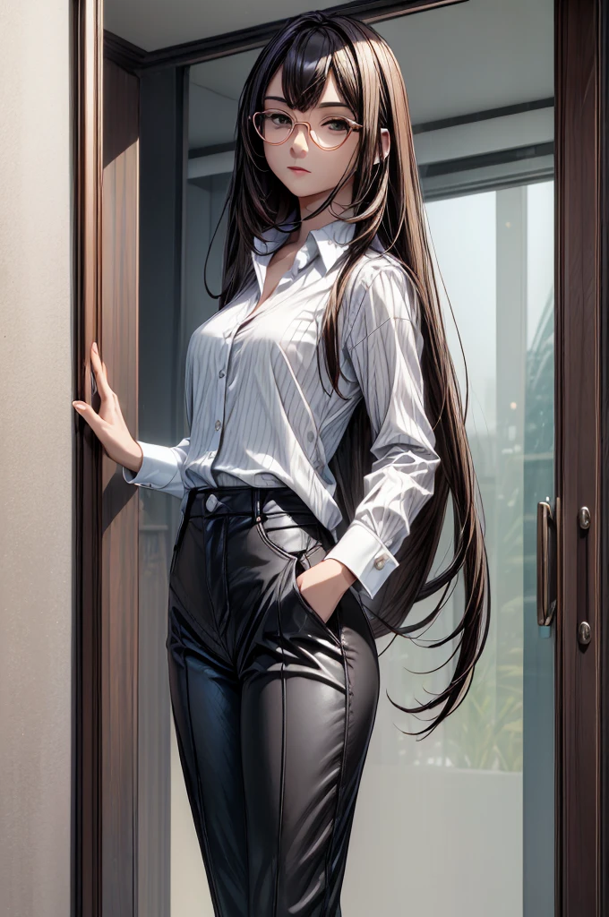 (masterpiece, best quality:1.2), detailed face, detailed eyes, elegant woman, long hair, high heeled,shiny skin,welcomes you at the door, Shirt, pants,random colar, ponitail hair,cool attitude,cool glasses,exciting,cool, perfect hand:1