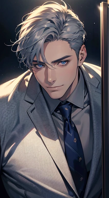 (best quality,4k,8k,highres,masterpiece:1.2),ultra-detailed,(realistic,photorealistic,photo-realistic:1.37),1 man,31 years old,mature man,very handsome,without expression,smile,short grey blue hair,blue eyes,penetrating gaze,perfect face without errors,imposing posture,businessman,office background,cinematic lighting,hdr image
