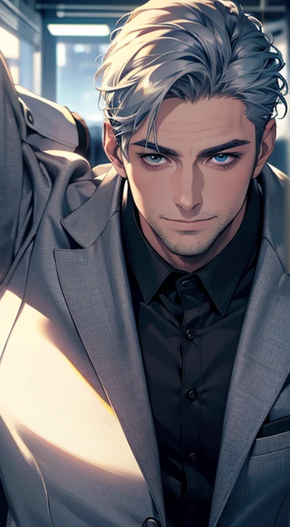 (best quality,4k,8k,highres,masterpiece:1.2),ultra-detailed,(realistic,photorealistic,photo-realistic:1.37),1 man,31 years old,mature man,very handsome,without expression,smile,short grey blue hair,blue eyes,penetrating gaze,perfect face without errors,imposing posture,businessman,office background,cinematic lighting,hdr image