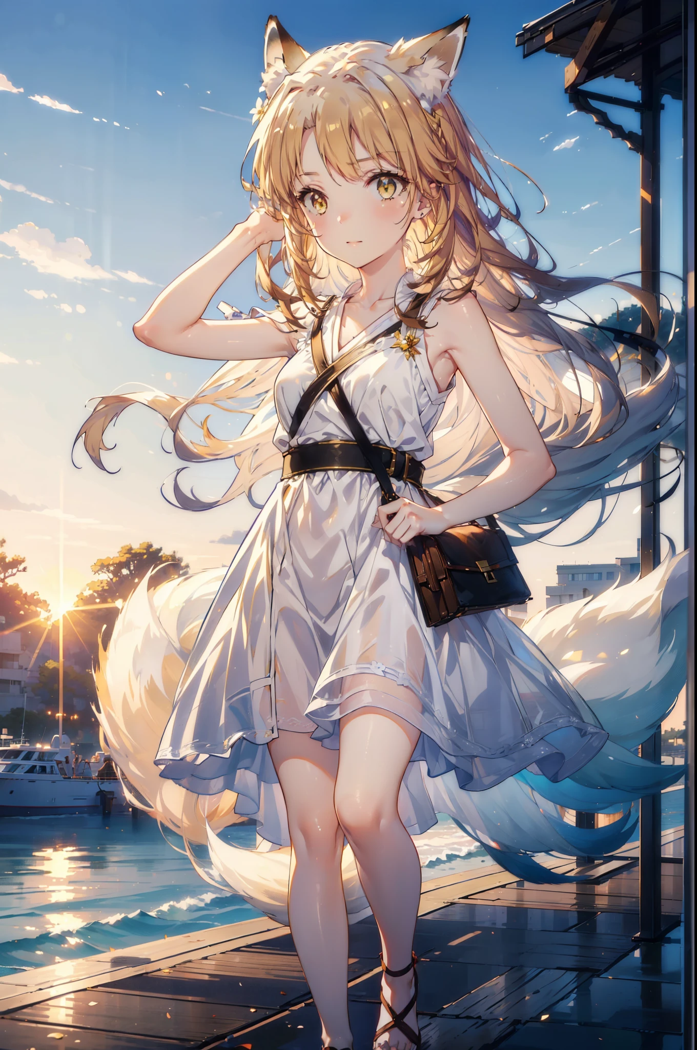 Irohaisshiki, isshiki iroha,Long Hair, Brown Hair, (Brown eyes:1.5), happy smile, smile, Open your mouth,animal(Fox Ears,Fox tail),Yellow sleeveless dress,Yellow long skirt,Cute Sandals,Push-type suitcase,background（Ships at anchor）,port,My hair is blowing in the wind,Holding her hair with her right hand,whole bodyがイラストに入るように,Are standing,morning,morning陽,The sun is rising,
break outdoors, port,Ocean,
break looking at viewer,whole body,
break (masterpiece:1.2), Highest quality, High resolution, unity 8k wallpaper, (shape:0.8), (Beautiful and beautiful eyes:1.6), Highly detailed face, Perfect lighting, Highly detailed CG, (Perfect hands, Perfect Anatomy),