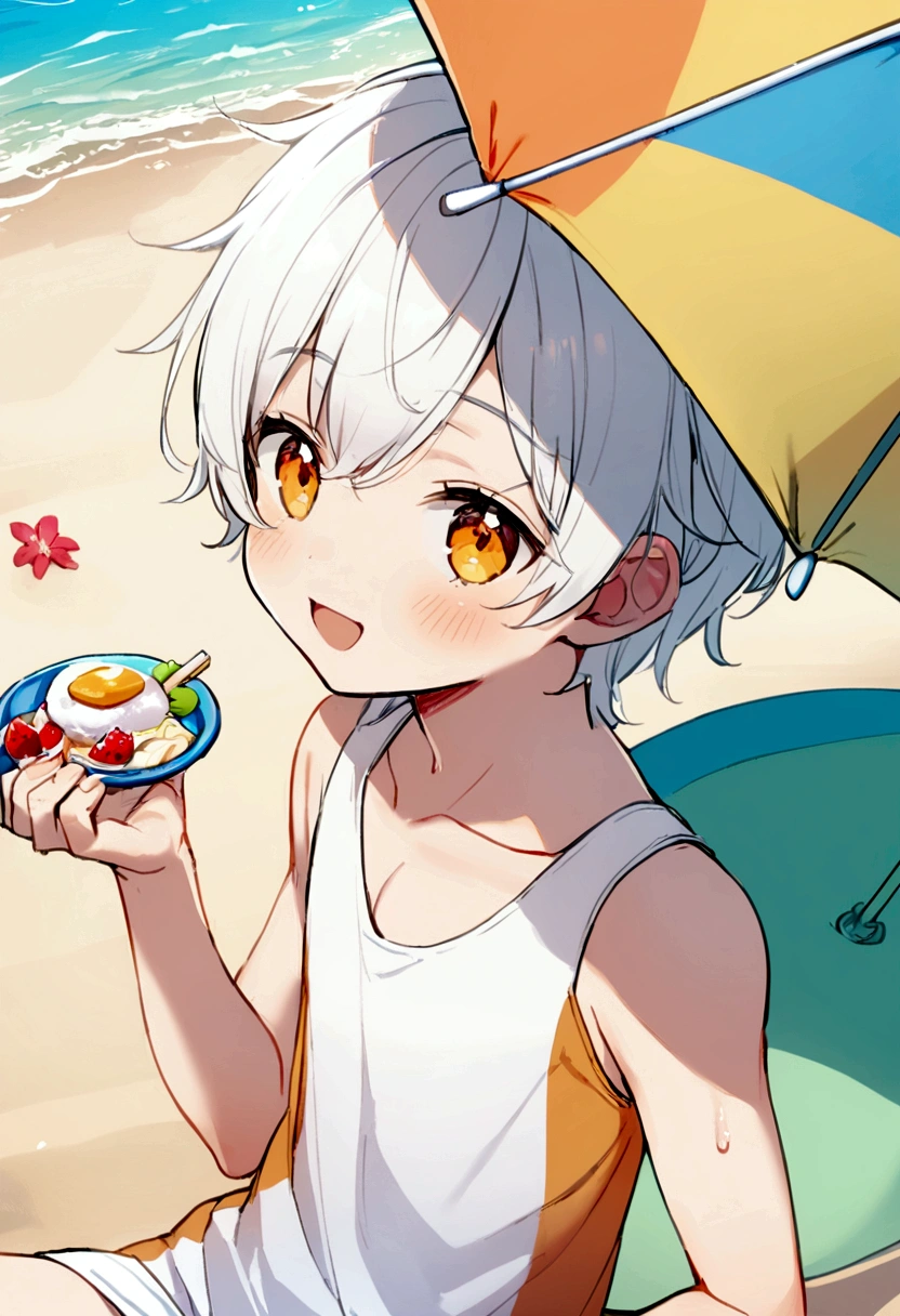 1 boy, white hair, Cute face, Enjoying the summer beach