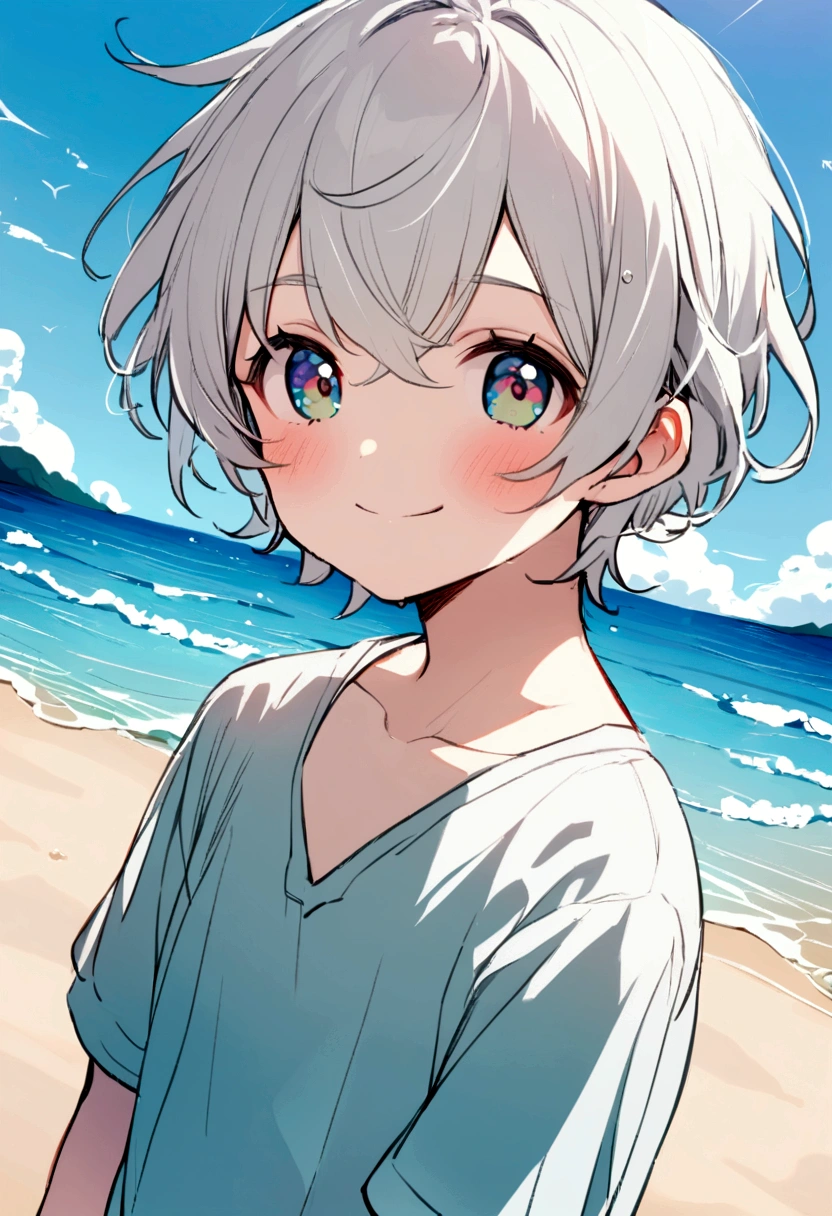 1 boy, white hair, Cute face, Enjoying the summer beach