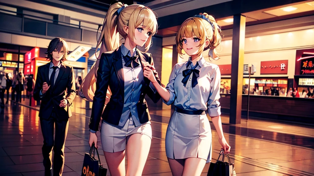 high resolution, top-quality, ultra-quality, The ultra-detailliert, perfect anatomy, perfect fingers, perfect eyes, perfect body, lighting like a movie, lips, 1 girls, a beautiful young girls, (Kei Karuizawa ), blonde hair, ponytail hairstyles, violet eyes, wearing formal, walking in a mall. smirk on face, a bag with magazines, libero, light pink lipstick, happy looking, mall, carrying shopping bags, shopping, perfect hands