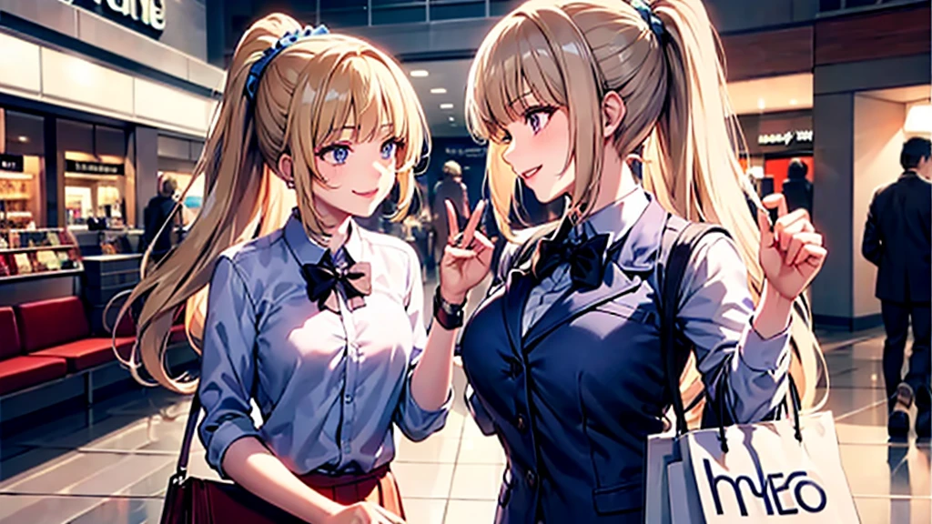 high resolution, top-quality, ultra-quality, The ultra-detailliert, perfect anatomy, perfect fingers, perfect eyes, perfect body, lighting like a movie, lips, 1 girls, a beautiful young girls, (Kei Karuizawa ), blonde hair, ponytail hairstyles, violet eyes, wearing formal, walking in a mall. smirk on face, a bag with magazines, libero, light pink lipstick, happy looking, mall, carrying shopping bags, shopping, perfect hands