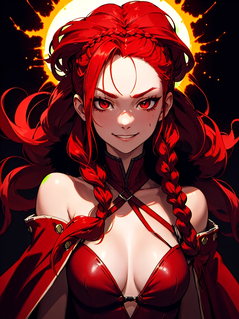 ((Portrait)), She has a Very Small and Slender Appearance, with a Explosive Temperament and an Psychopath Face with a Smug Smile. Her Ruby Eyes Shine Brightly, Expressing the Fire of the Sun. Her Hair is Long and Deep Red, with a Bare Forehead, and Messy Braids Falling Over Her Shoulders. She Wears a Large Red Fur Hunter's Cape Coat with Fluffy Detached Sleeves, Adorned with Reinforced Leather, Portrait, HDR, ((Dark Background))