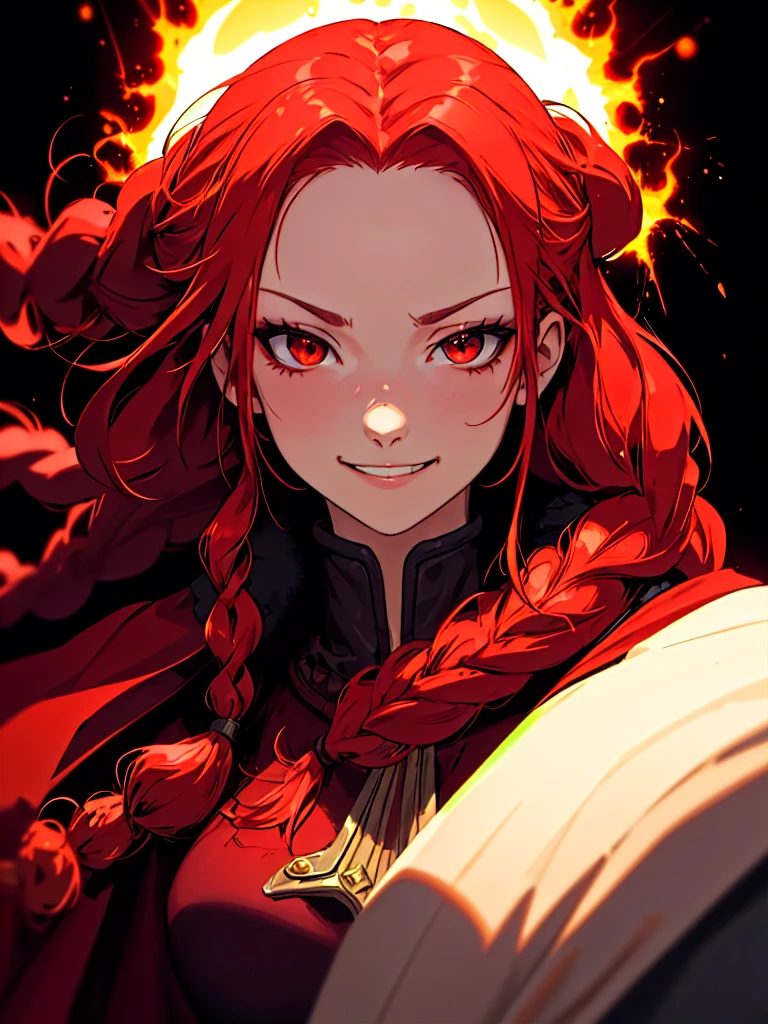 ((Portrait)), She has a Very Small and Slender Appearance, with a Explosive Temperament and an Psychopath Face with a Smug Smile. Her Ruby Eyes Shine Brightly, Expressing the Fire of the Sun. Her Hair is Long and Deep Red, with a Bare Forehead, and Messy Braids Falling Over Her Shoulders. She Wears a Large Red Fur Hunter's Cape Coat with Fluffy Detached Sleeves, Adorned with Reinforced Leather, Portrait, HDR, ((Dark Background))