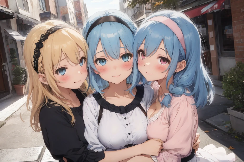 Modern city,Fluffy hair,Light blue hair,Blonde,Light pink hair,Headband,Braid,Autumn outfit,Short clothing that shows the buttocks,The sleeves of the dress are a little long,I can see a little cleavage,Moe sleeves,Date,Several people hugging each other,Embrace,watching each others eyes,Facing each other,blush with embarrassment,Happy expression,Hand in hand,Arms crossed,Flirting with a close-knit body