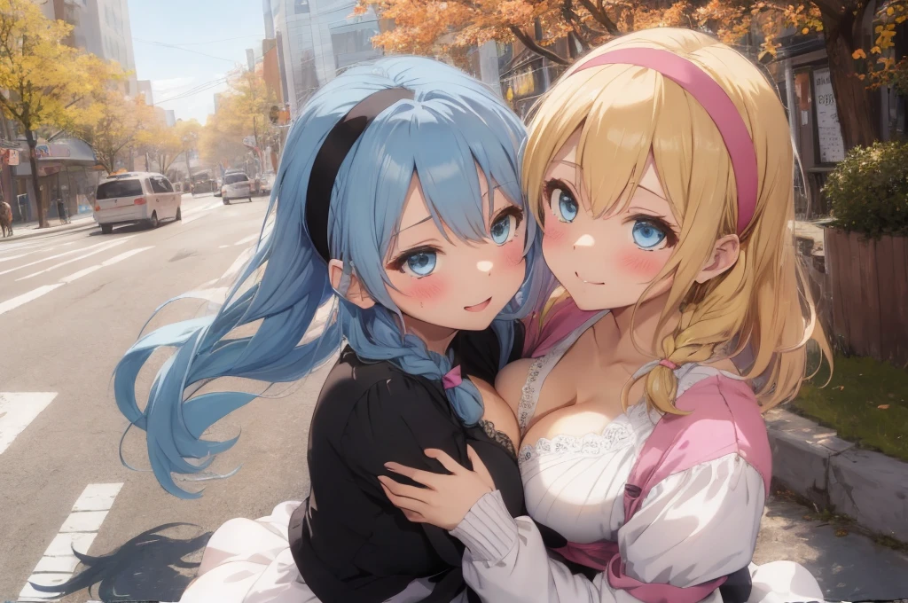 Modern city,Fluffy hair,Light blue hair,Blonde,Light pink hair,Headband,Braid,Autumn outfit,Short clothing that shows the buttocks,The sleeves of the dress are a little long,I can see a little cleavage,Moe sleeves,Date,Several people hugging each other,Embrace,watching each others eyes,Facing each other,blush with embarrassment,Happy expression,Hand in hand,Arms crossed,Flirting with a close-knit body