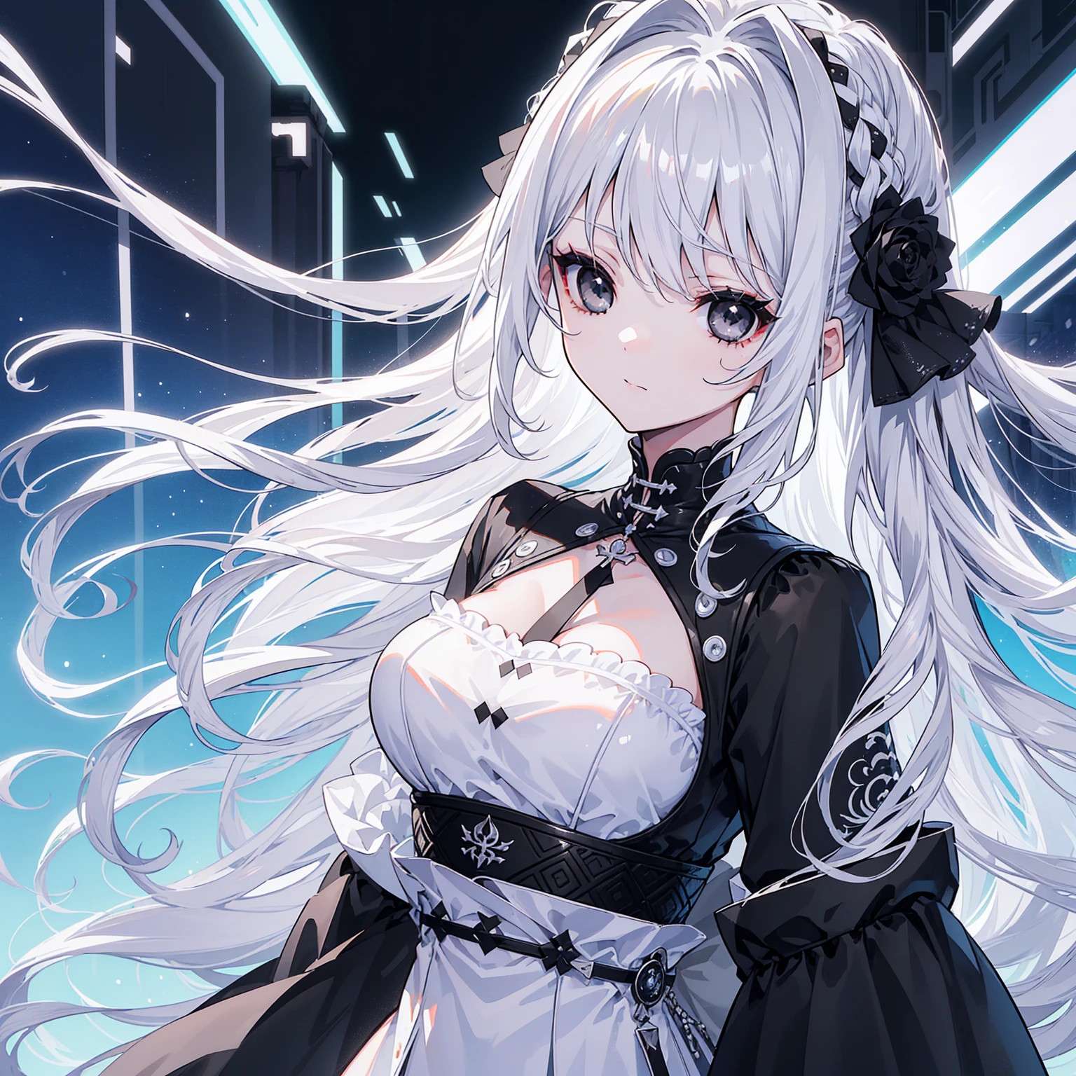 (Top image quality)、(Ultra Detailed)、(Facing forward)、top quality、masterpiece、((((1 girl))))、Silver Hair、white hair、((Long hair))、(black eyes:1.6)