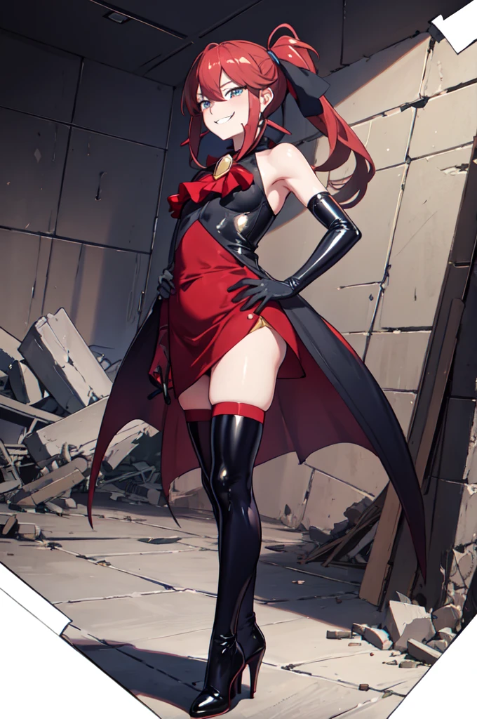 Highest quality, masterpiece, One Girl,Not beautiful, Red Ponytail, Long dress, brooch, Hair Ribbon, - Elbow hand pockets, Black knee socks, Standing on the rubble, (Wicked Smile:1.1), ,,Dark shadowed face,Sadistic smile,Malice,Contempt,smile,latex,Bad face,,Red Skirt,two hands,two legs,five fingers,evil background,elbow gloves,latex,