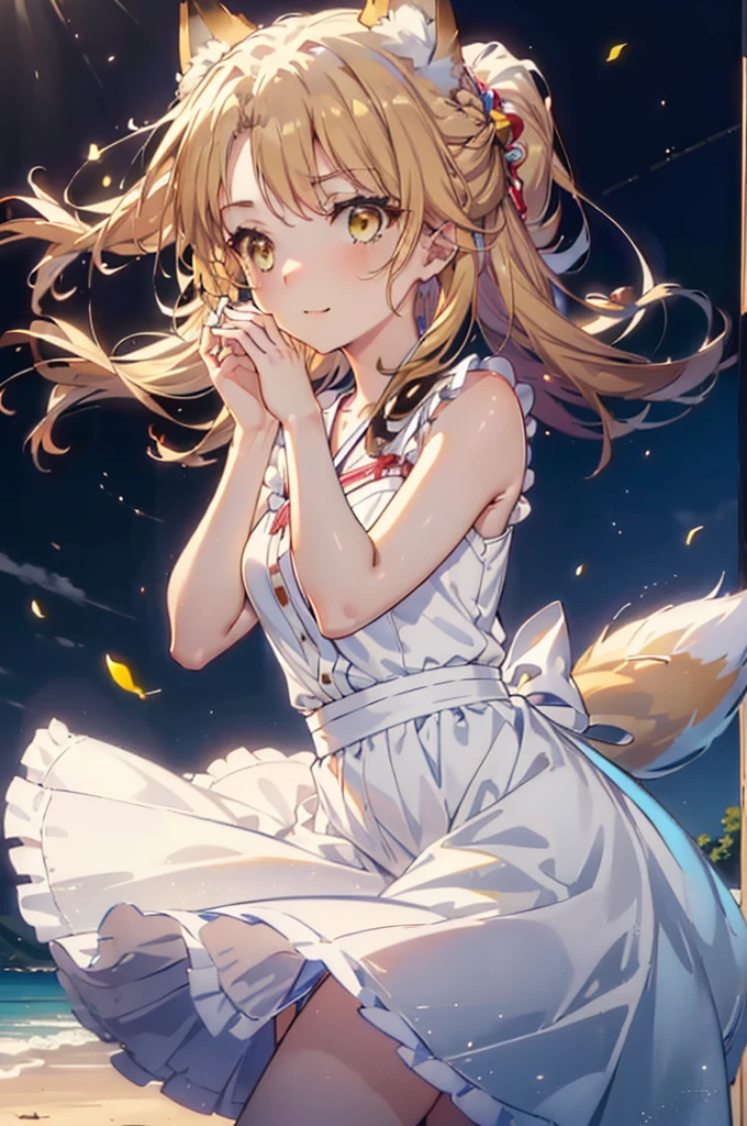 Irohaisshiki, isshiki iroha,Long Hair, Brown Hair, (Brown eyes:1.5), happy smile, smile, Open your mouth,animal(Fox Ears,Fox tail),Yellow sleeveless dress,Yellow long skirt,Cute Sandals,Push-type suitcase,background(Ships at anchor),port,My hair is blowing in the wind,Holding her hair with her right hand,whole bodyがイラストに入るように,Are standing,morning,morning陽,The sun is rising,
break outdoors, port,Ocean,
break looking at viewer,whole body,
break (masterpiece:1.2), Highest quality, High resolution, unity 8k wallpaper, (shape:0.8), (Beautiful and beautiful eyes:1.6), Highly detailed face, Perfect lighting, Highly detailed CG, (Perfect hands, Perfect Anatomy),