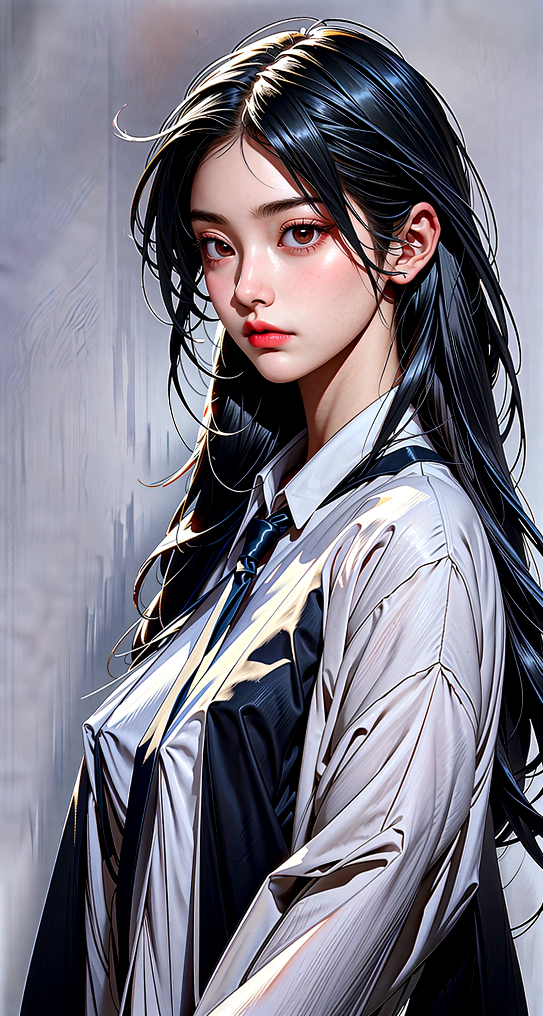 Beautiful girl, high, black long hair, straight hairstyle, pale skin, grey eyes, looking away, black shirt, white tie