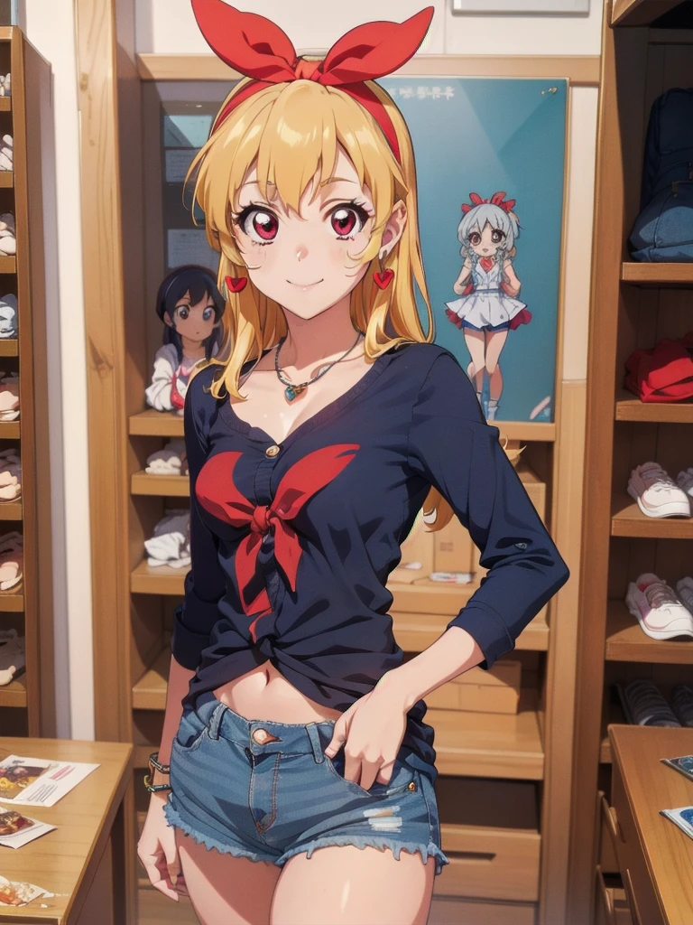 , ((beautiful)), ((masterpiece)), ((best quality)), (extremely detailed face), perfect lighting, highres, 8k, wallpaper, backlit, (absurdres), (ultra detailed, 8K, ultra highres:1.2), BREAK,(RED Ribbon on HAIRband:1.2),Blonde HAIR,smile,navel,groin,denim shorts,loose clothes,shirt pull:1.4,shorts pull:1.4,A fashionable female ,dressed in a casual yet stylish outfit,browsed the racks of clothes at the department store. She hummed a tune to herself as she examined the various accessories and small items on display. Her outfit consisted of a pair of ripped denim shorts paired with a loose, camisole and a pair of sneakers. She accessorized with a small, silver bracelet on her wrist. As she shopped, the girl couldn't help but be drawn to the various colorful and glittering items in the store. She picked up a pair of cute, heart-shaped earrings and a matching necklace,admiring them in the bright, fluorescent lighting,Ichigo Hoshimiya (Aikatsu!),from below,squatting,groin_focus,