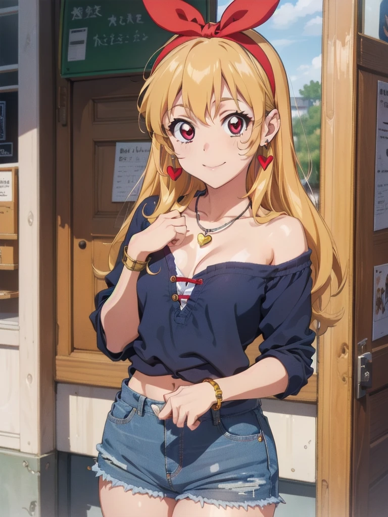 , ((beautiful)), ((masterpiece)), ((best quality)), (extremely detailed face), perfect lighting, highres, 8k, wallpaper, backlit, (absurdres), (ultra detailed, 8K, ultra highres:1.2), BREAK,(RED Ribbon on HAIRband:1.2),Blonde HAIR,smile,navel,groin,denim shorts,loose clothes,shirt pull:1.4,shorts pull:1.4,A fashionable female ,dressed in a casual yet stylish outfit,browsed the racks of clothes at the department store. She hummed a tune to herself as she examined the various accessories and small items on display. Her outfit consisted of a pair of ripped denim shorts paired with a loose, camisole and a pair of sneakers. She accessorized with a small, silver bracelet on her wrist. As she shopped, the girl couldn't help but be drawn to the various colorful and glittering items in the store. She picked up a pair of cute, heart-shaped earrings and a matching necklace,admiring them in the bright, fluorescent lighting,Ichigo Hoshimiya (Aikatsu!),from below,squatting,groin_focus,