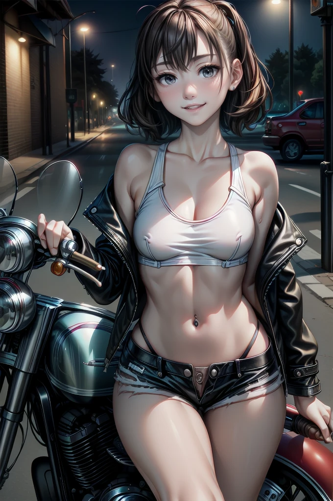 (8K HDR photorealistic pic), (cowboy shot), (Perfect Anatomy, top-quality, The ultra -The high-definition, high resolution, extremely details CG, 8K Unit Wallpapers), ((mature 26-year-old)), solo, Beautiful detailed eyes, black hair, short bob hair, blunt bang, (small breasts, slender body, athletic), gleaming skin, oily skin, (punk fashion, leather jacket, (tank top), micro shorts), (drive a motorcycle, Harley-Davidson), on road, Tokyo, at night