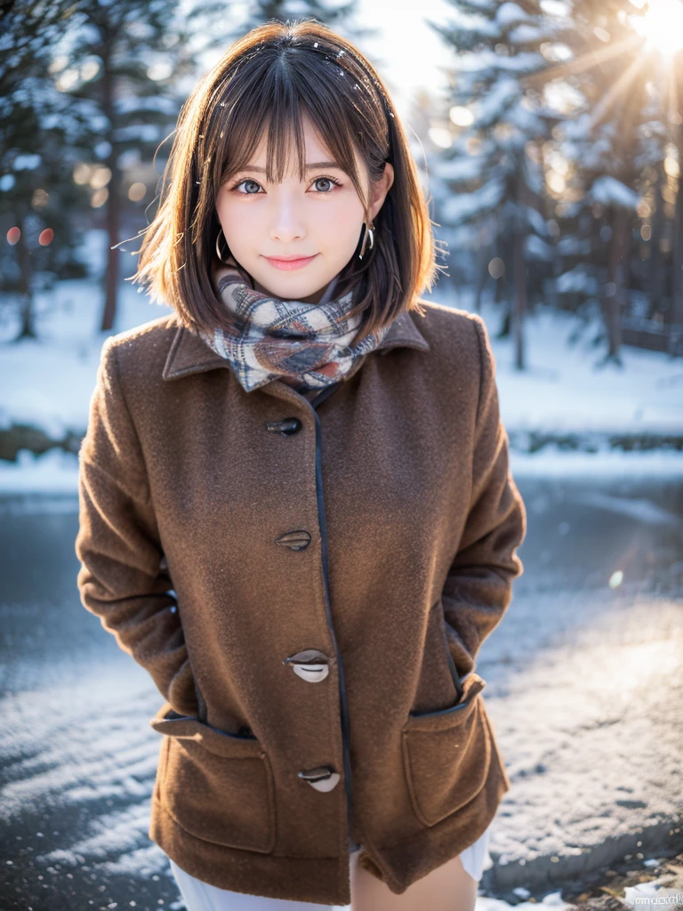 mAsterpiece, best quAlity, ultrA-detAiled, kAwAii, Niedlich, Schön, sexy,, extremely detAiled, 4K, 8K, best quAlity, beAutiful, reAlistic,Allein, , beAutiful light brown hAir, beAutiful eyes, short hAir, eArrings, leichtes Lächeln, erröten, lens flAre, lAtex, in a japanese winter landscape, many snow, snowy trees, wide angle view, full body, winter clothes, japanese winterlandscape at backdrop