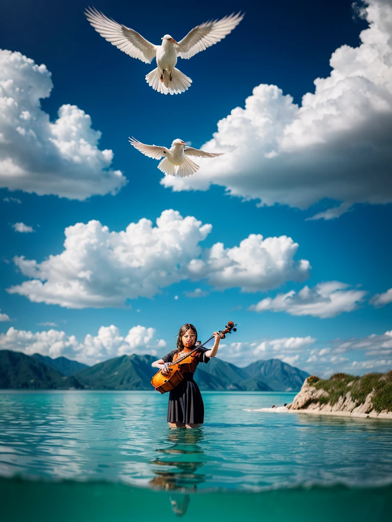 A fantastic scene surrounded by a blue sky and clouds is depicted. There are girls, students, young people, and youth standing and playing the violin, white birds are flying in the background, and the water surface is spreading out on the ground, making it very beautiful like a mirror. Highly detailed CG Unity 8K wallpaper, cinematic lighting, lens flare, beautiful detailed eyes, landscape, ultra HD, clouds, 8K quality, ultra sharp, real light, surreal,