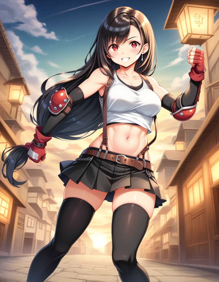 (score_9,score_8_up,score_7_up,score_6_up,score_5_up,score_4_up), BREAK ,,(punch,dynamic angle, dynamic pose, hand focus, punch focus,battle,),upperbody,looking_at_viewer ,1girl, tifa lockhart, final fantasy, tareme,black hair, low-tied long hair, red eyes,wide-eyed, bangs, (white tank top, belt, pleated skirt, thighhighs, elbow fingerless gloves, elbow pads, midriff, navel,suspender skirt) ,large_breasts,(light smile),,,Solo,,(daytime and outdoor and mountain),hyper detailed,beautiful,great lighting, perfect hands, detailed shadows,anime artwork, anime style, key visual, vibrant, studio anime,HDR,highly detailed,anime coloring, masterpiece, best quality,best aestethic, absurdres,,professional lighting,cinematic lighting,rule of odds