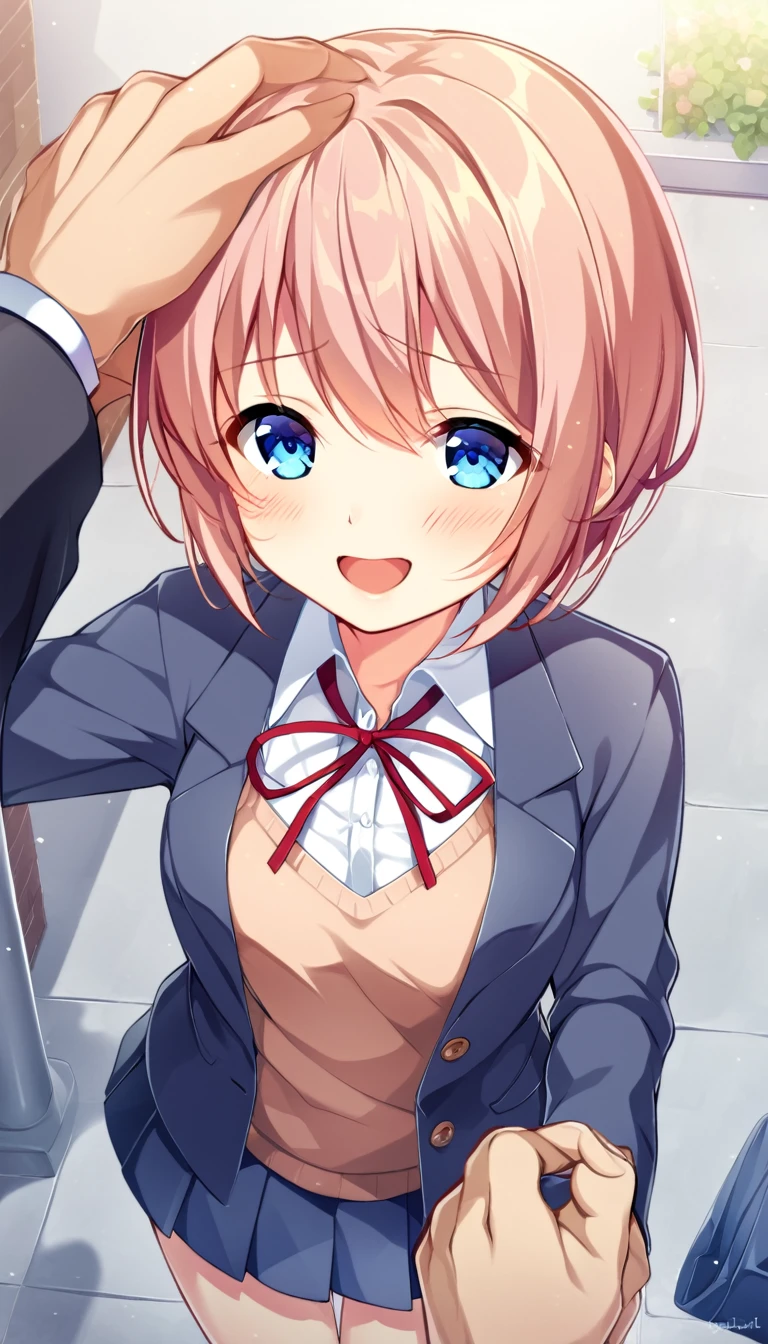 one girl, lovely, blazer, Sayori, my childhood friend, cute, short hair, blush, light blue eyes, cheerful girl, love me, girl is stroked her head, feel happiness, from above