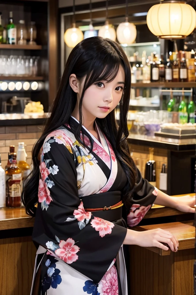 1woman, idol, long hair, black hair, kimono, bar counter、Take off your kimono、後ろ姿、20代、