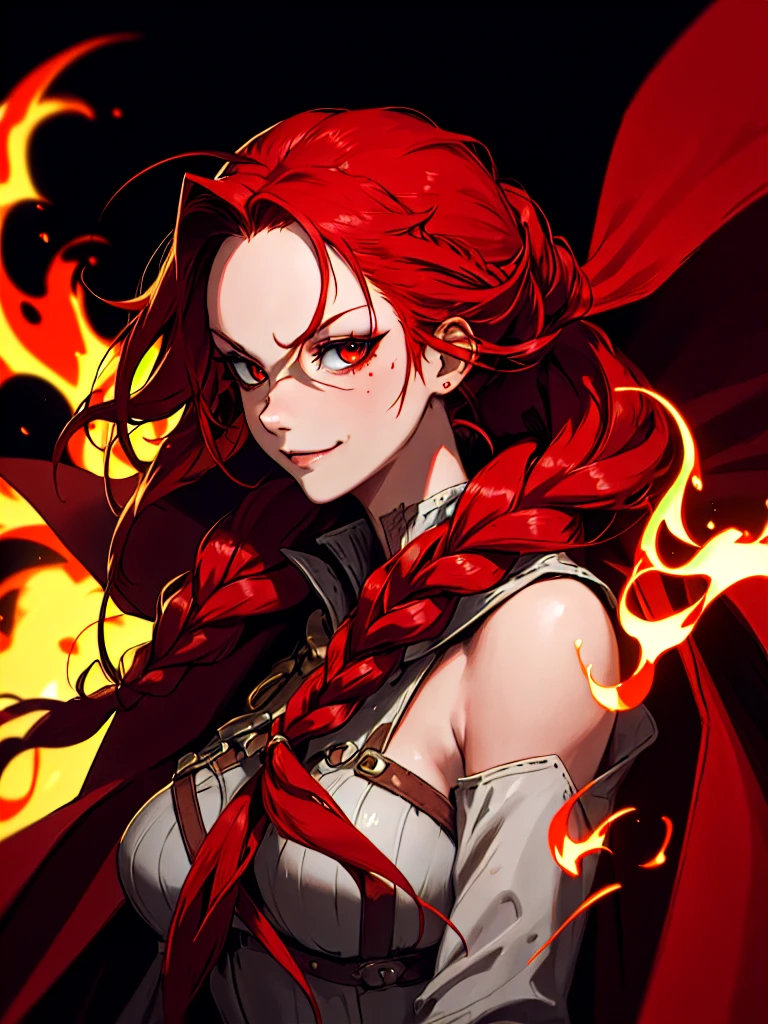((Portrait)), She has a Very Small and Slender Appearance, with a Explosive Temperament and an Psychopath Face with a Smug Smile. Her Ruby Eyes Shine Brightly, Expressing the Fire of the Sun. Her Hair is Long and Deep Red, with a Bare Forehead, and Messy Braids Falling Over Her Shoulders. She Wears a Large Red Fur Hunter's Cape Coat with Fluffy Detached Sleeves, Adorned with Reinforced Leather, Portrait, HDR, ((Dark Background))