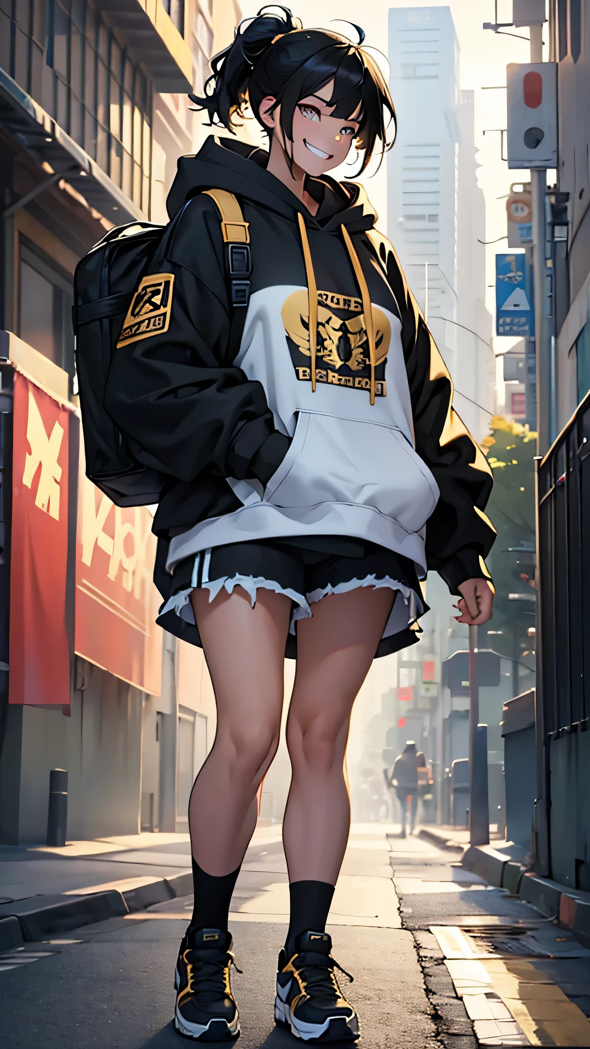 Layered Cut、Piercing in the right ear4t、Oversized hoodie、Shorts、girl、One person、Short ponyte、Black hair gold mesh、Ruck sack, grin, 8k, best quality, highres, UHD