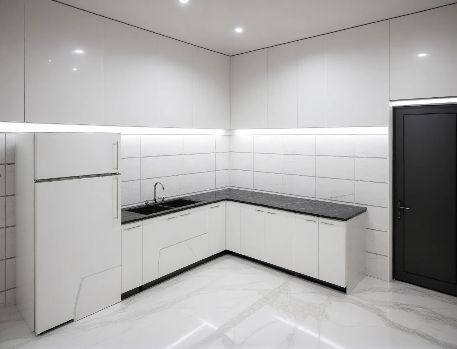 Raw photo,Masterpiece, high quality, best quality, authentic, super detail,
indoors, interior , ((kitchen and dining :1.3)), modern style, daylight, (WHITE WALL),luxury, marble tile floor, fridge, black stone counter top