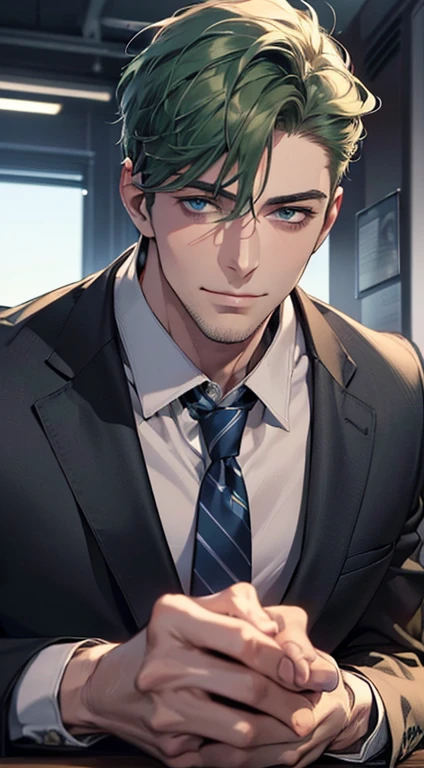 (best quality,4k,8k,highres,masterpiece:1.2),ultra-detailed,(realistic,photorealistic,photo-realistic:1.37),1 man,31 years old,mature man,very handsome,without expression,smile,short green hair,blue eyes,penetrating gaze,perfect face without errors,imposing posture,businessman,office background,cinematic lighting,hdr image