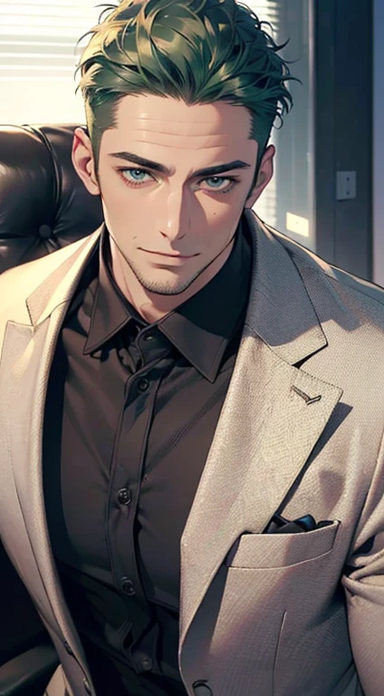 (best quality,4k,8k,highres,masterpiece:1.2),ultra-detailed,(realistic,photorealistic,photo-realistic:1.37),1 man,31 years old,mature man,very handsome,without expression,smile,short green hair,blue eyes,penetrating gaze,perfect face without errors,imposing posture,businessman,office background,cinematic lighting,hdr image