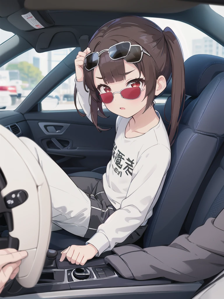 In the car,Convertible,Sitting,((Behind the wheel of a car)),Looking Ahead,driving,1 Girl, 独奏, Red eyes,((sunglasses)),, Twin tails, brown hair,crawling,((顔 focus)),upper body,White long sleeve shirt,Grey slacks, bangs, eyebrows visible through hair, Flat Chest, 