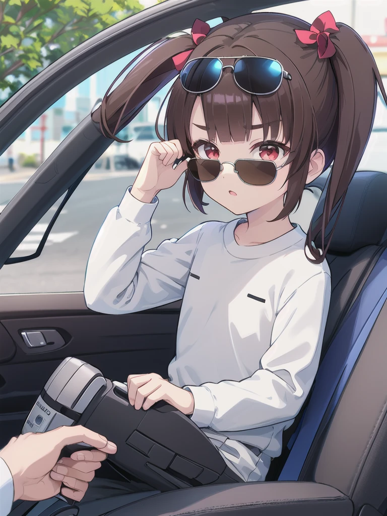 In the car,Convertible,Sitting,((Behind the wheel of a car)),Looking Ahead,driving,1 Girl, 独奏, Red eyes,((sunglasses)),, Twin tails, brown hair,crawling,((顔 focus)),upper body,White long sleeve shirt,Grey slacks, bangs, eyebrows visible through hair, Flat Chest, 