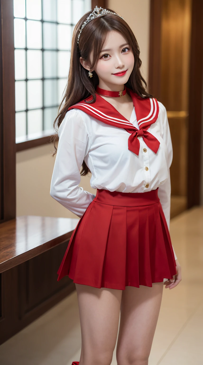 highest quality、table top、8k、best image quality、Award-winning work)、one beautiful woman、radiant beautiful skin , masterpiece、top-quality、The ultra -The high-definition、depth of fields、lens flare 1 girl、brown hair, watching at viewers glares, large breasts ( high heels), perfect legs, model pose, smiling , sailor senshi uniform, (red skirt:1.4), tiara, (red sailor collar:1.4), blue bow, red choker