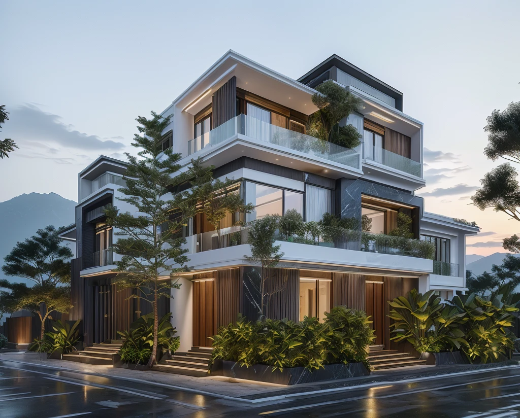 3D render of a beautiful house, Dark, gray tones, white wall. lumion render, night time render, insanely detailed rendering, realistic architecture, architectural visualization. The house is adorned with elegant lighting and plants to enhance its exterior appearance in a Vietnam city street. The staircase leading into the house is tiled with black marble and has bright LED lights. Behind are hills and mountains with clear blue sky. balcony with green plants. The main door is made of black aluminum and glass reaching up to the ceiling. Looking through the glass windows to look inside the house with luxurious interiors with luxurious and warm lights, interior lighting rendering and lighting effects. marble and wood and glass, dark and modern, luxcore render, taken with professional photography techniques, using a wide angle lens with bright natural light and high resolution details, in the style of professional photograph, hyper realistic, highly detailed.