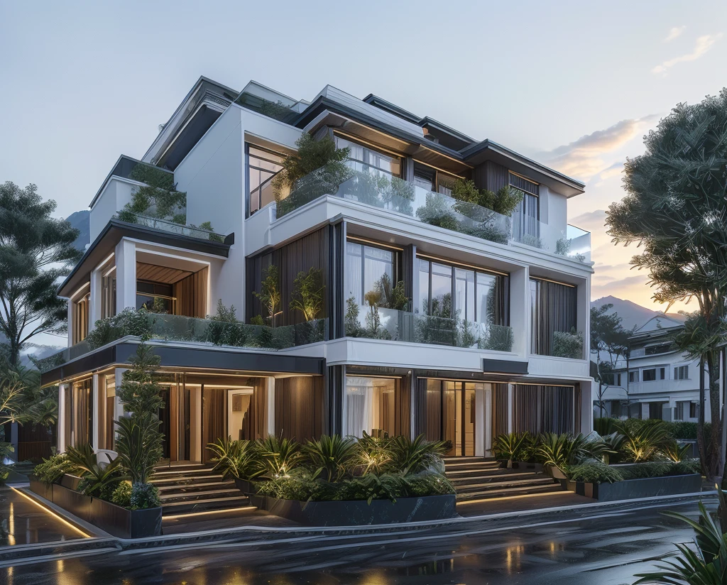 3D render of a beautiful house, Dark, gray tones, white wall. lumion render, night time render, insanely detailed rendering, realistic architecture, architectural visualization. The house is adorned with elegant lighting and plants to enhance its exterior appearance in a Vietnam city street. The staircase leading into the house is tiled with black marble and has bright LED lights. Behind are hills and mountains with clear blue sky. balcony with green plants. The main door is made of black aluminum and glass reaching up to the ceiling. Looking through the glass windows to look inside the house with luxurious interiors with luxurious and warm lights, interior lighting rendering and lighting effects. marble and wood and glass, dark and modern, luxcore render, taken with professional photography techniques, using a wide angle lens with bright natural light and high resolution details, in the style of professional photograph, hyper realistic, highly detailed.